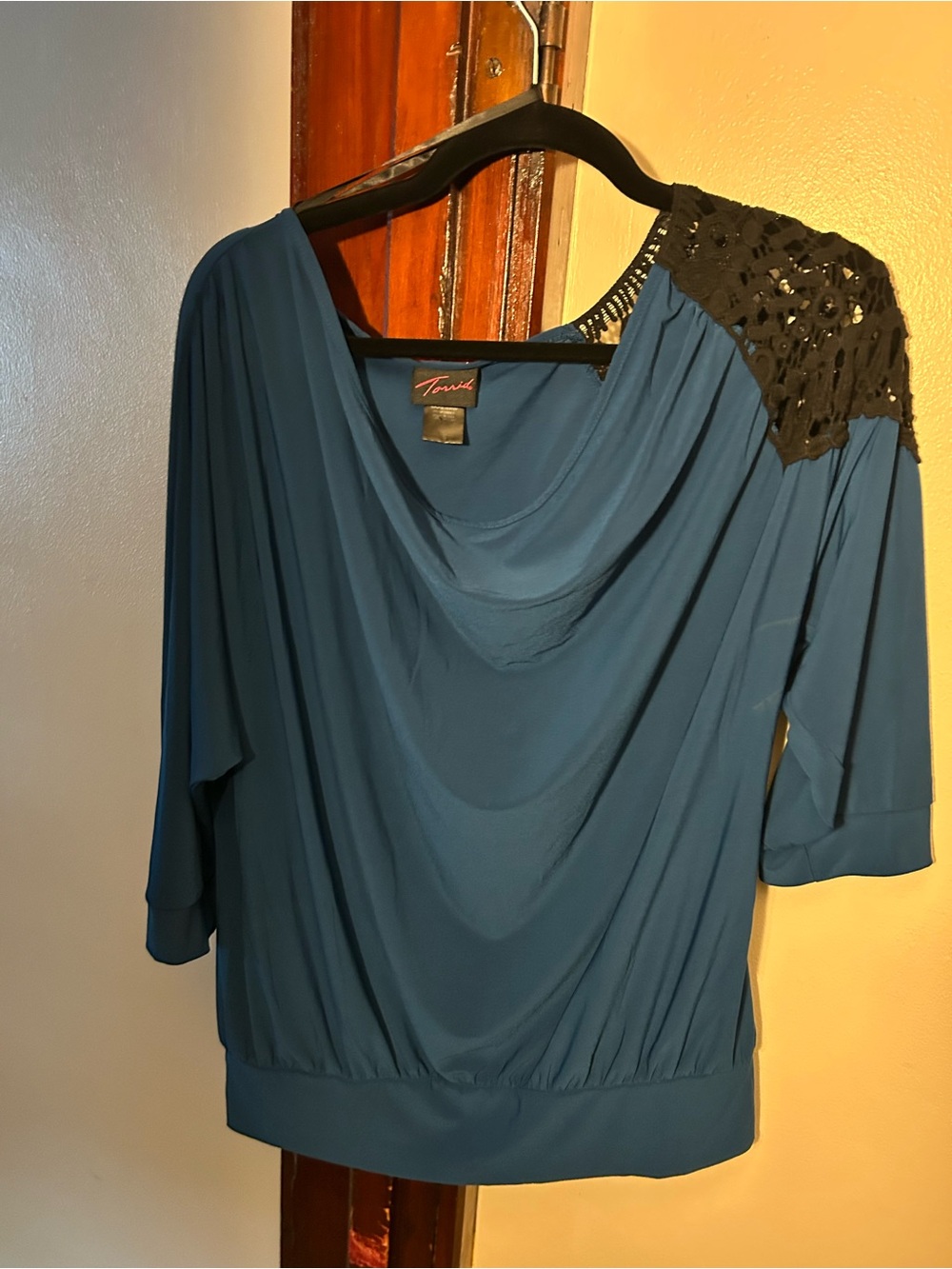 torrid Teal Drape Neck Top with Black Lace Shoulder
